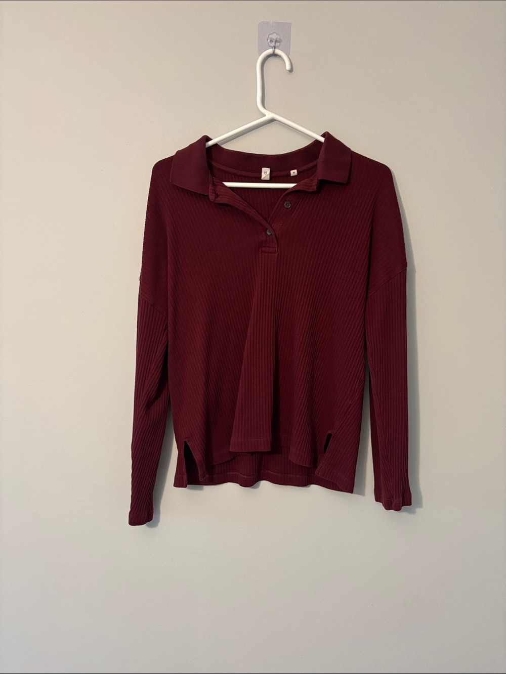 KOTN Ribbed Long-Sleeve Polo Top - Burgundy